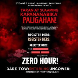 A mysterious and slightly scary poster for an exhilarating gaming competition, designed with a captivating red and black color scheme to evoke intrigue and excitement