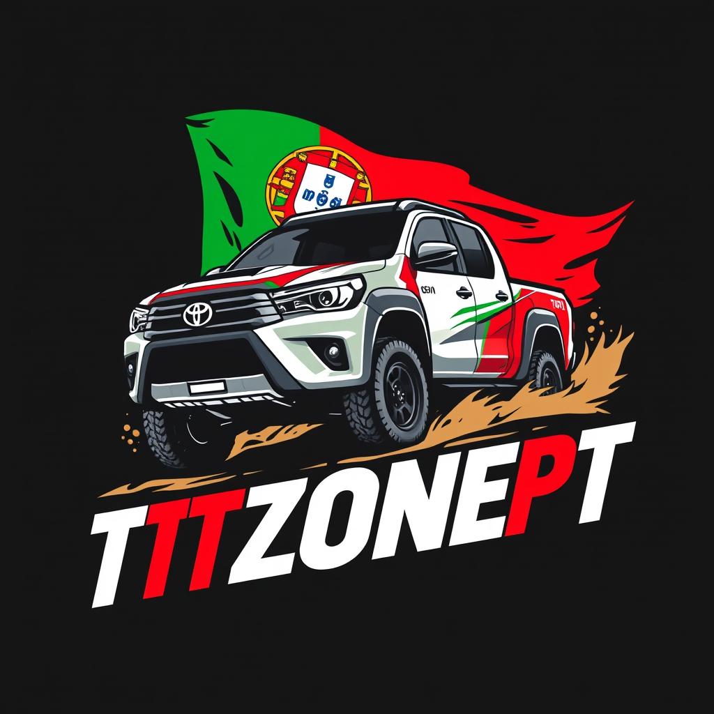 A dynamic logo featuring a Toyota Hilux T1+ Dakar vehicle prominently displayed alongside the text 'TTZONEPT' and incorporating the Portuguese flag