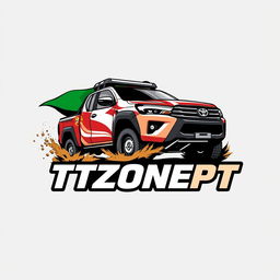 A dynamic logo featuring a Toyota Hilux T1+ Dakar vehicle prominently displayed alongside the text 'TTZONEPT' and incorporating the Portuguese flag