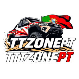 A dynamic logo featuring a Toyota Hilux T1+ Dakar vehicle prominently displayed alongside the text 'TTZONEPT' and incorporating the Portuguese flag