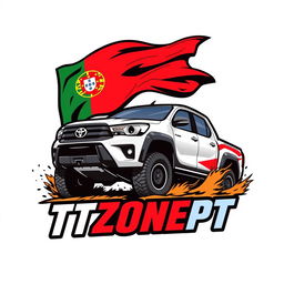 A dynamic logo featuring a Toyota Hilux T1+ Dakar vehicle prominently displayed alongside the text 'TTZONEPT' and incorporating the Portuguese flag
