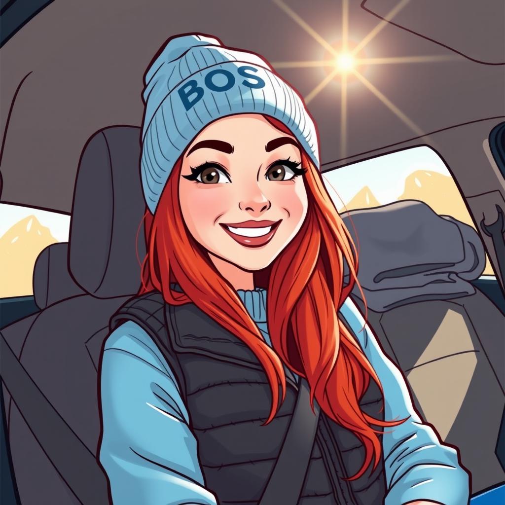 A cartoon-style illustration of a stylish young woman with vibrant red hair sitting inside a car, sunlight shining on her face