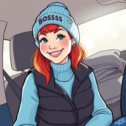 A cartoon-style illustration of a stylish young woman with vibrant red hair sitting inside a car, sunlight shining on her face