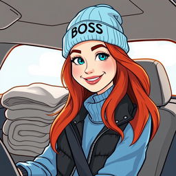 A cartoon-style illustration of a stylish young woman with vibrant red hair sitting inside a car, sunlight shining on her face
