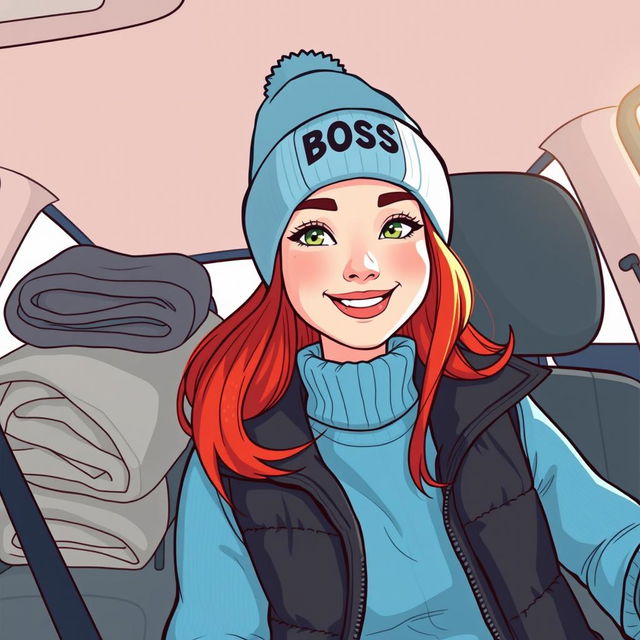 A cartoon-style illustration of a stylish young woman with vibrant red hair sitting inside a car, sunlight shining on her face