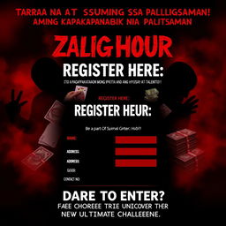 A mysterious and slightly spooky poster for an exhilarating gaming competition, designed with a bold red and black color scheme to create an atmosphere of intrigue