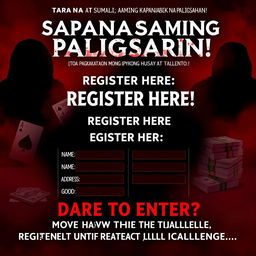 A mysterious and slightly spooky poster for an exhilarating gaming competition, designed with a bold red and black color scheme to create an atmosphere of intrigue