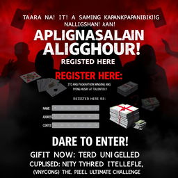 A mysterious and slightly spooky poster for an exhilarating gaming competition, designed with a bold red and black color scheme to create an atmosphere of intrigue
