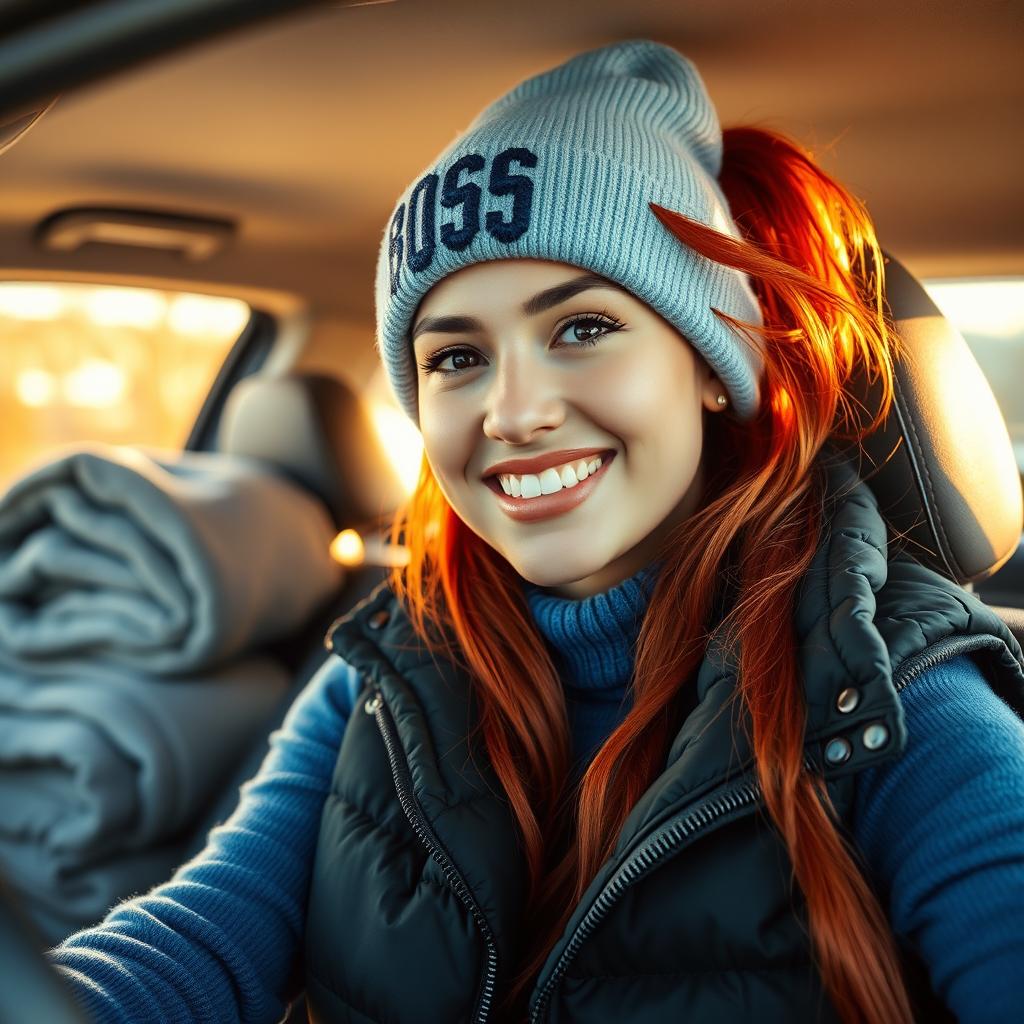 A photograph-quality image of a stylish young woman with vibrant red hair sitting inside a car, illuminated by warm sunlight