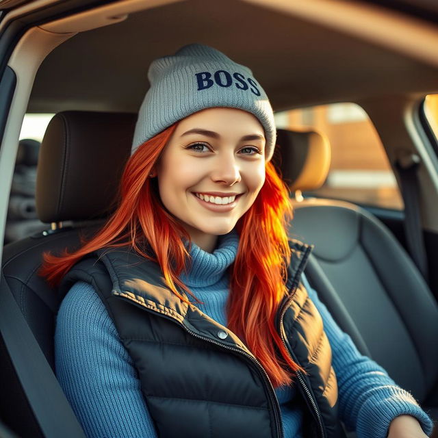 A photograph-quality image of a stylish young woman with vibrant red hair sitting inside a car, illuminated by warm sunlight