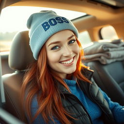 A photograph-quality image of a stylish young woman with vibrant red hair sitting inside a car, illuminated by warm sunlight