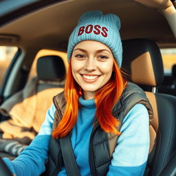 A photograph-quality image of a stylish young woman with vibrant red hair sitting inside a car, illuminated by warm sunlight
