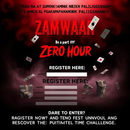 A mysterious and slightly scary poster for an exciting gaming competition, featuring a visually striking design in dark red and black colors that evoke an air of suspense and intrigue