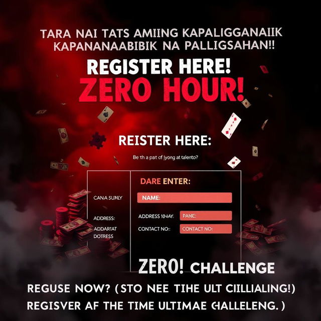 A mysterious and slightly scary poster for an exciting gaming competition, featuring a visually striking design in dark red and black colors that evoke an air of suspense and intrigue