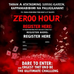 A mysterious and slightly scary poster for an exciting gaming competition, featuring a visually striking design in dark red and black colors that evoke an air of suspense and intrigue