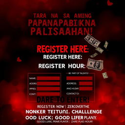A mysterious and slightly scary poster for an exciting gaming competition, featuring a dramatic red and black color scheme that creates an atmosphere of suspense