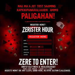 A mysterious and slightly scary poster for an exciting gaming competition, featuring a dramatic red and black color scheme that creates an atmosphere of suspense