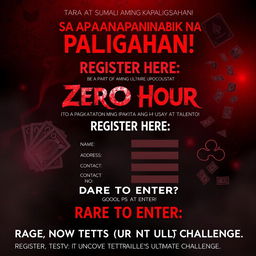 An intriguing and slightly eerie poster for a thrilling gaming competition, featuring a captivating red and black color palette that enhances the sense of mystery