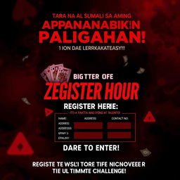 A captivating and slightly eerie poster for an exhilarating gaming competition, designed with a bold red and black color palette that enhances its mysterious feel