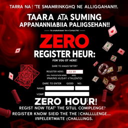 A captivating and slightly eerie poster for an exhilarating gaming competition, designed with a bold red and black color palette that enhances its mysterious feel