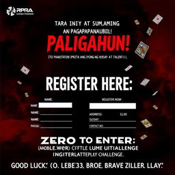 An intriguing and slightly haunting poster for an exciting gaming competition, designed with a striking red and black color palette to evoke a sense of mystery