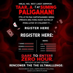 An intriguing and slightly haunting poster for an exciting gaming competition, designed with a striking red and black color palette to evoke a sense of mystery