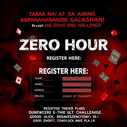 An intriguing and slightly haunting poster for an exciting gaming competition, designed with a striking red and black color palette to evoke a sense of mystery