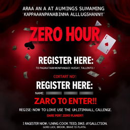 An intriguing and slightly haunting poster for an exciting gaming competition, designed with a striking red and black color palette to evoke a sense of mystery