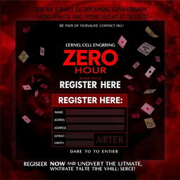 An enigmatic and slightly chilling poster for an exciting gaming competition, designed with a striking red and black color scheme that immerses viewers in a game-like atmosphere