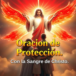 A heavenly scene featuring a radiant Christ figure at the center, emanating red beams of light symbolizing His protective blood
