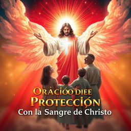 A heavenly scene featuring a radiant Christ figure at the center, emanating red beams of light symbolizing His protective blood