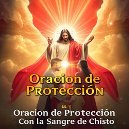 A heavenly scene featuring a radiant Christ figure at the center, emanating red beams of light symbolizing His protective blood