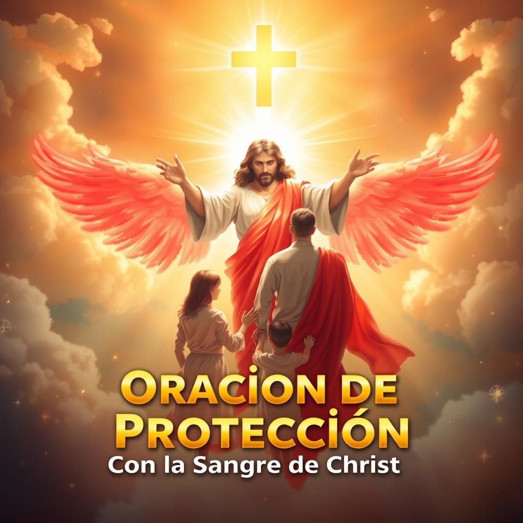 A heavenly scene featuring a radiant Christ figure at the center, emanating red beams of light symbolizing His protective blood