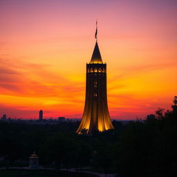 A beautiful sunset view of the Azadi Tower in Tehran, Iran, showcasing the iconic structure with its unique architecture