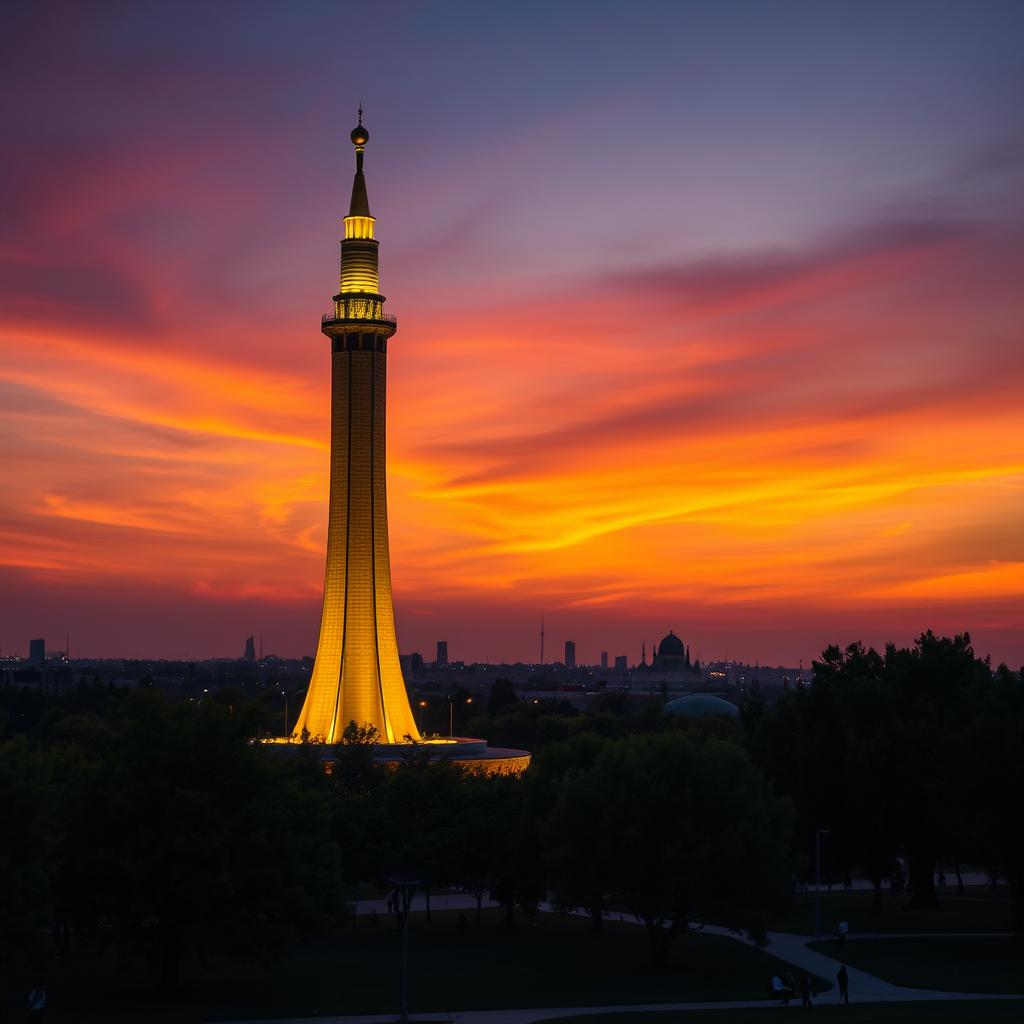 A beautiful sunset view of the Azadi Tower in Tehran, Iran, showcasing the iconic structure with its unique architecture