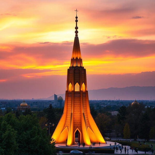 A beautiful sunset view of the Azadi Tower in Tehran, Iran, showcasing the iconic structure with its unique architecture