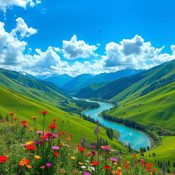 A stunning landscape of the Tehra region, featuring lush green hills, a vibrant blue sky with fluffy white clouds, and a winding river reflecting the sunlight