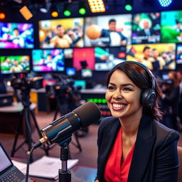 An artistic representation of the field of broadcasting and television, showcasing a vibrant studio filled with modern broadcasting equipment