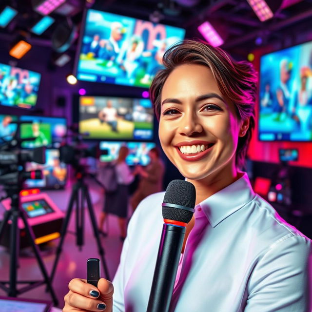 An artistic representation of the field of broadcasting and television, showcasing a vibrant studio filled with modern broadcasting equipment