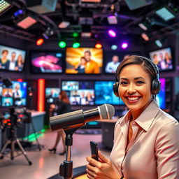 An artistic representation of the field of broadcasting and television, showcasing a vibrant studio filled with modern broadcasting equipment