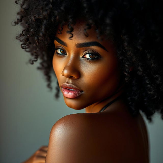 A beautiful Black woman with natural curly hair, her skin glistening with moisture, portraying a sensual and confident expression