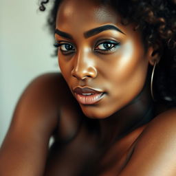 A beautiful Black woman with natural curly hair, her skin glistening with moisture, portraying a sensual and confident expression