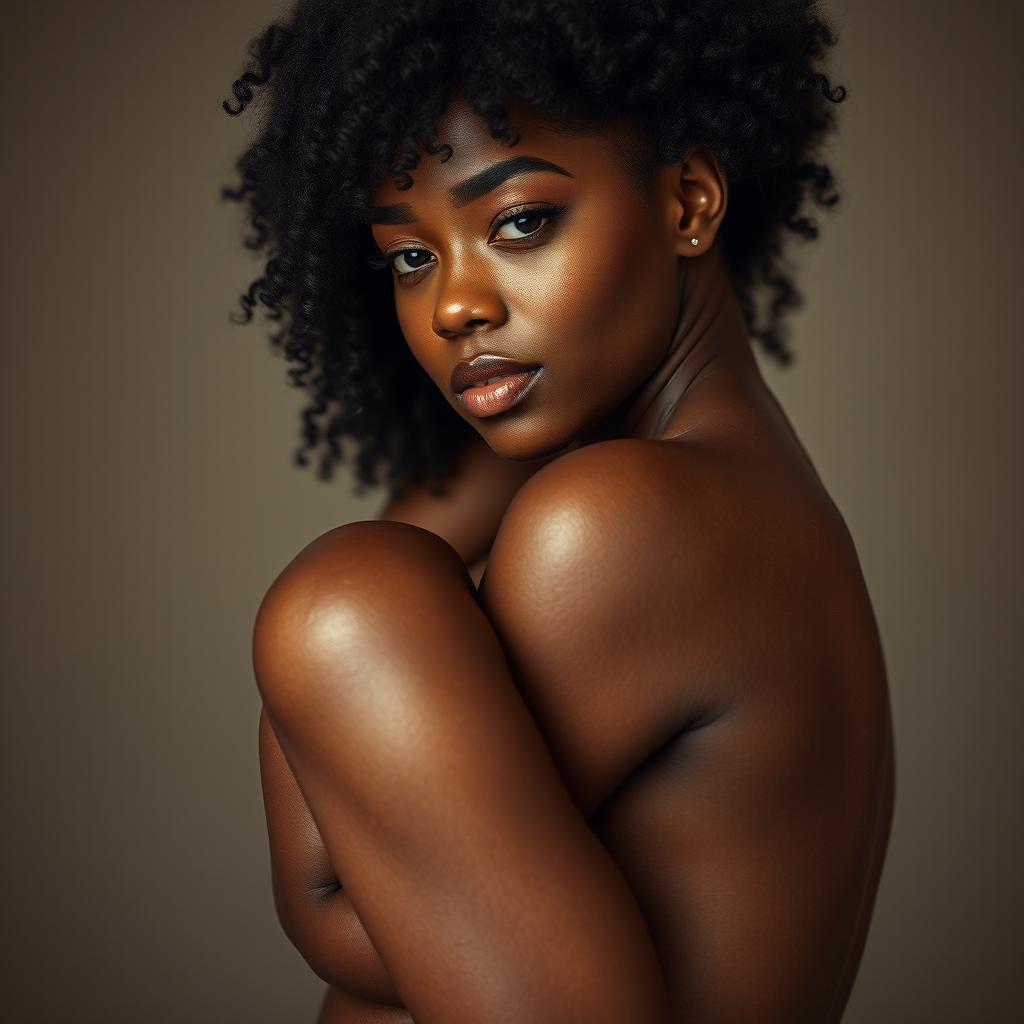 A beautiful Black woman with natural curly hair, her skin glistening with moisture, portraying a sensual and confident expression