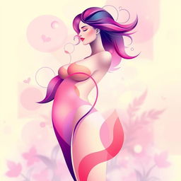 An abstract representation of the female form with a focus on soft curves and fluid shapes, using vibrant colors and organic patterns to evoke a sense of femininity and beauty