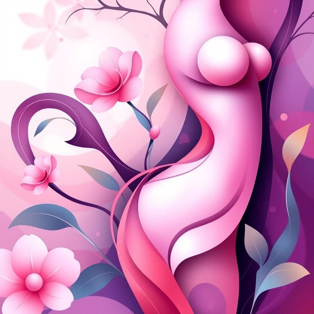 An abstract representation of the female form with a focus on soft curves and fluid shapes, using vibrant colors and organic patterns to evoke a sense of femininity and beauty
