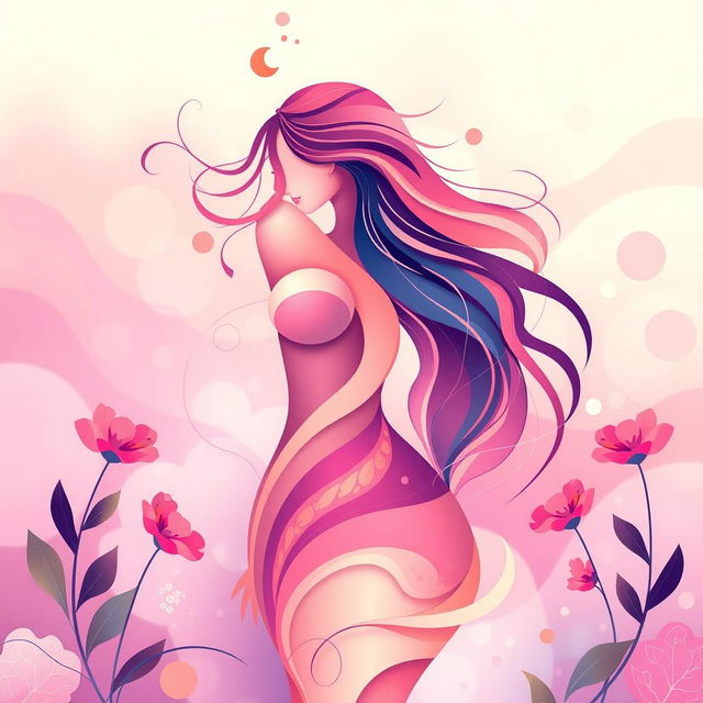 An abstract representation of the female form with a focus on soft curves and fluid shapes, using vibrant colors and organic patterns to evoke a sense of femininity and beauty