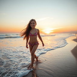 A picturesque scene of a beautiful beach at sunset, with soft waves gently rolling onto the shore