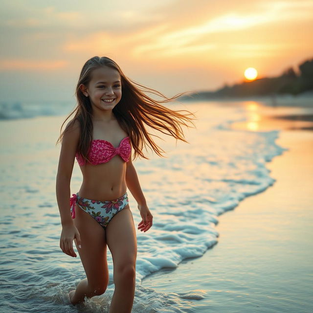 A picturesque scene of a beautiful beach at sunset, with soft waves gently rolling onto the shore