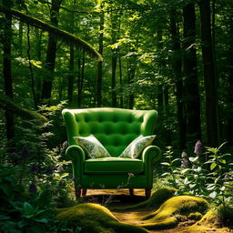 A vibrant green upholstered chair elegantly positioned in the middle of a lush, serene forest