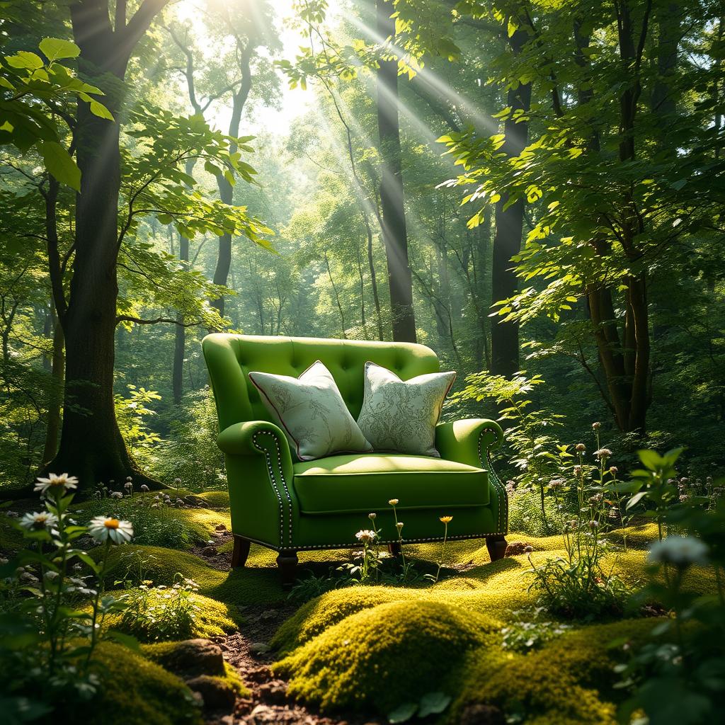 A vibrant green upholstered chair elegantly positioned in the middle of a lush, serene forest